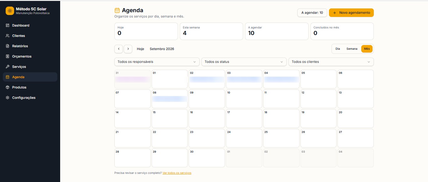 Agenda de serviços do Método 5C Solar em visão mensal com indicadores de atendimentos