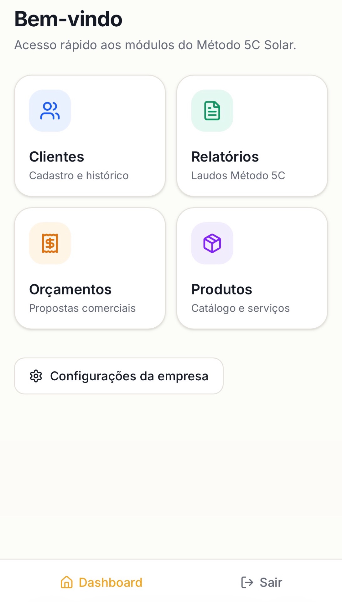 Dashboard do Método 5C Solar