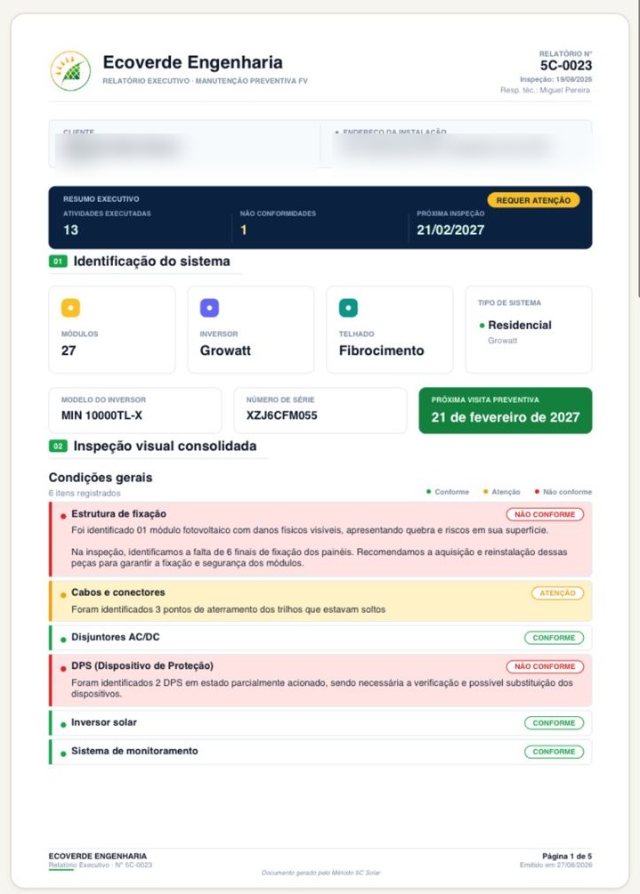 Página do relatório com identificação do sistema e inspeção visual consolidada